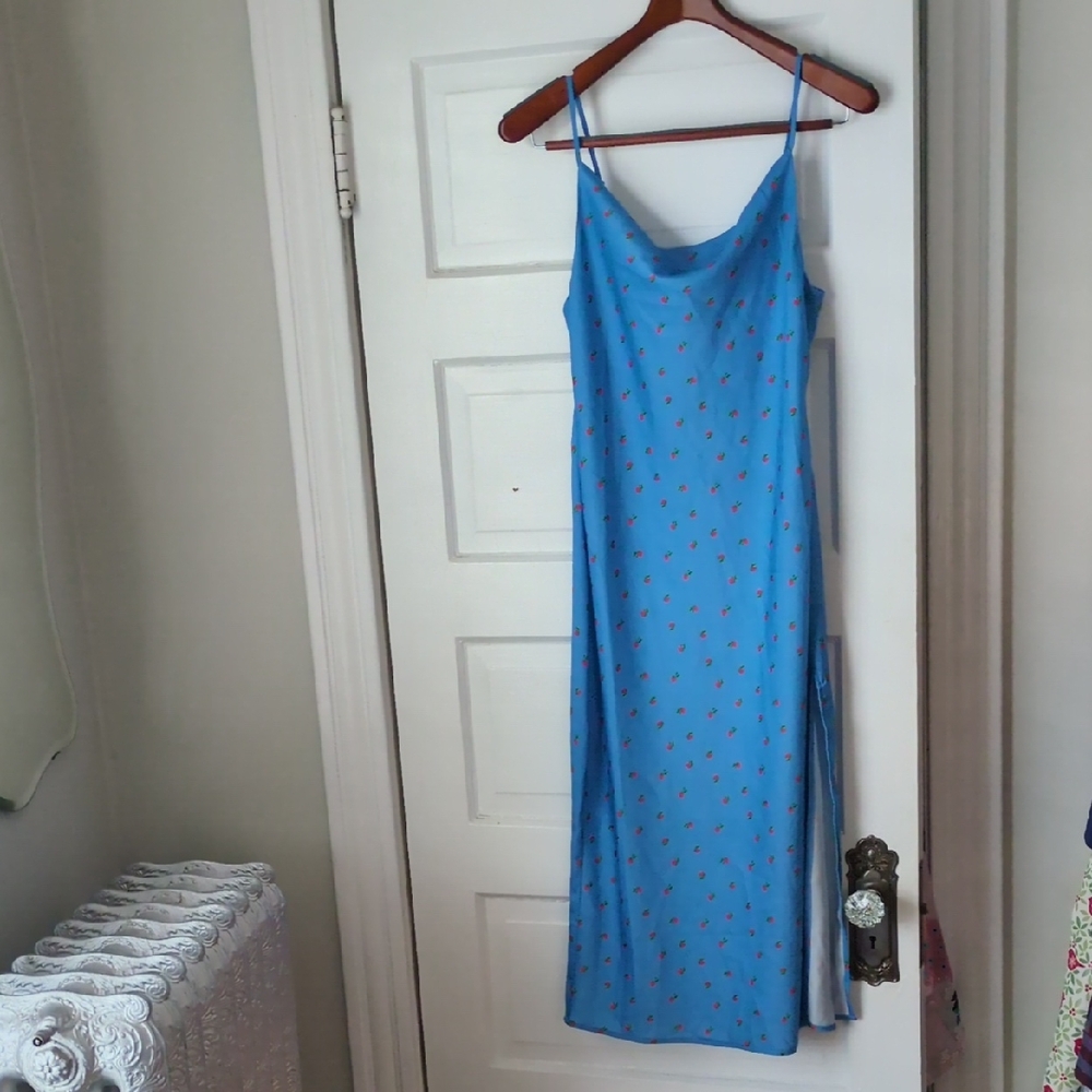 Urban Outfitters Bright Blue Slip Dress with Red Strawberry Print